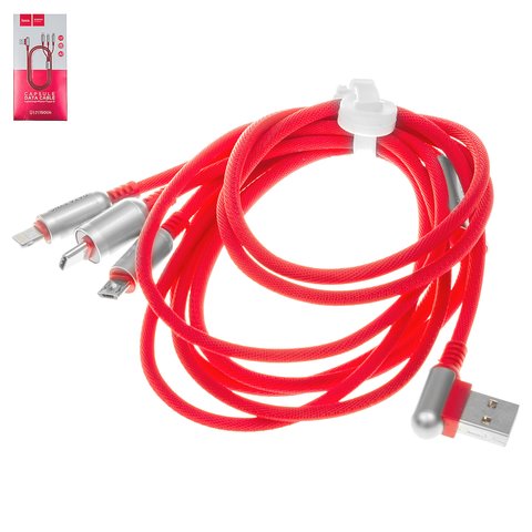 USB кабель Hoco U17, USB тип C, USB тип A, micro USB тип B, Lightning, 150 см, 2,4 А, червоний, Г подібний, в нейлоновому обплетенні, 3 в 1