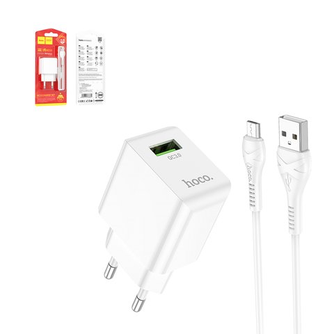 Сетевое зарядное устройство Hoco C98A, 18 Вт, Quick Charge, белый, с micro USB кабелем тип В, 1 порт, #6931474766861
