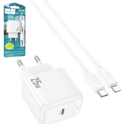 Мережевий зарядний пристрій Hoco CS53A, 25 Вт, Power Delivery PD , білий, з кабелем USB тип C до Lightning для Apple, 1 порт, #6942007631495