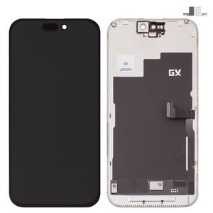 LCD compatible with iPhone 15 Pro, black, with frame, HC, without IC, AMOLED , GX OEM soft, 120Hz 