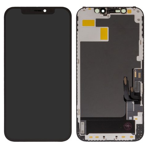 Pantalla LCD puede usarse con iPhone 12, iPhone 12 Pro, negro, con marco, HC, sin microchip, con plásticos de cámara y sensor de acercamiento, OLED , GK OEM hard