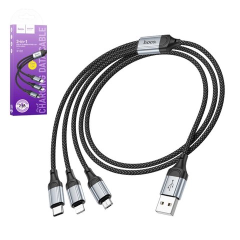 USB кабель Hoco X102, USB тип C, USB тип A, micro USB тип B, Lightning, 100 см, 2,4 А, черный, в нейлоновой оплетке, 3 в 1, #5942007608794